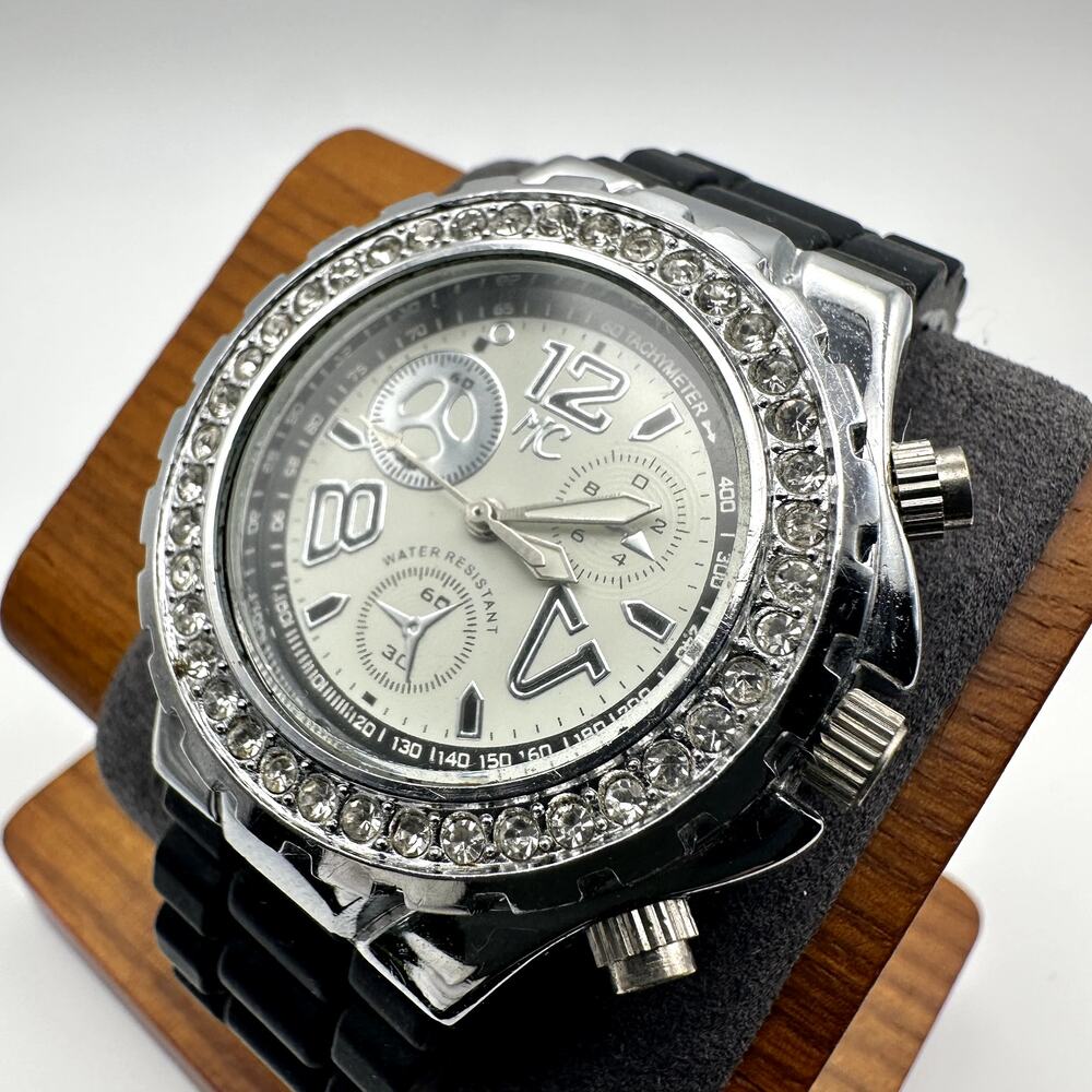 Montres Carlo MC Rhinestone Bezel Black Silicone Quartz Watch